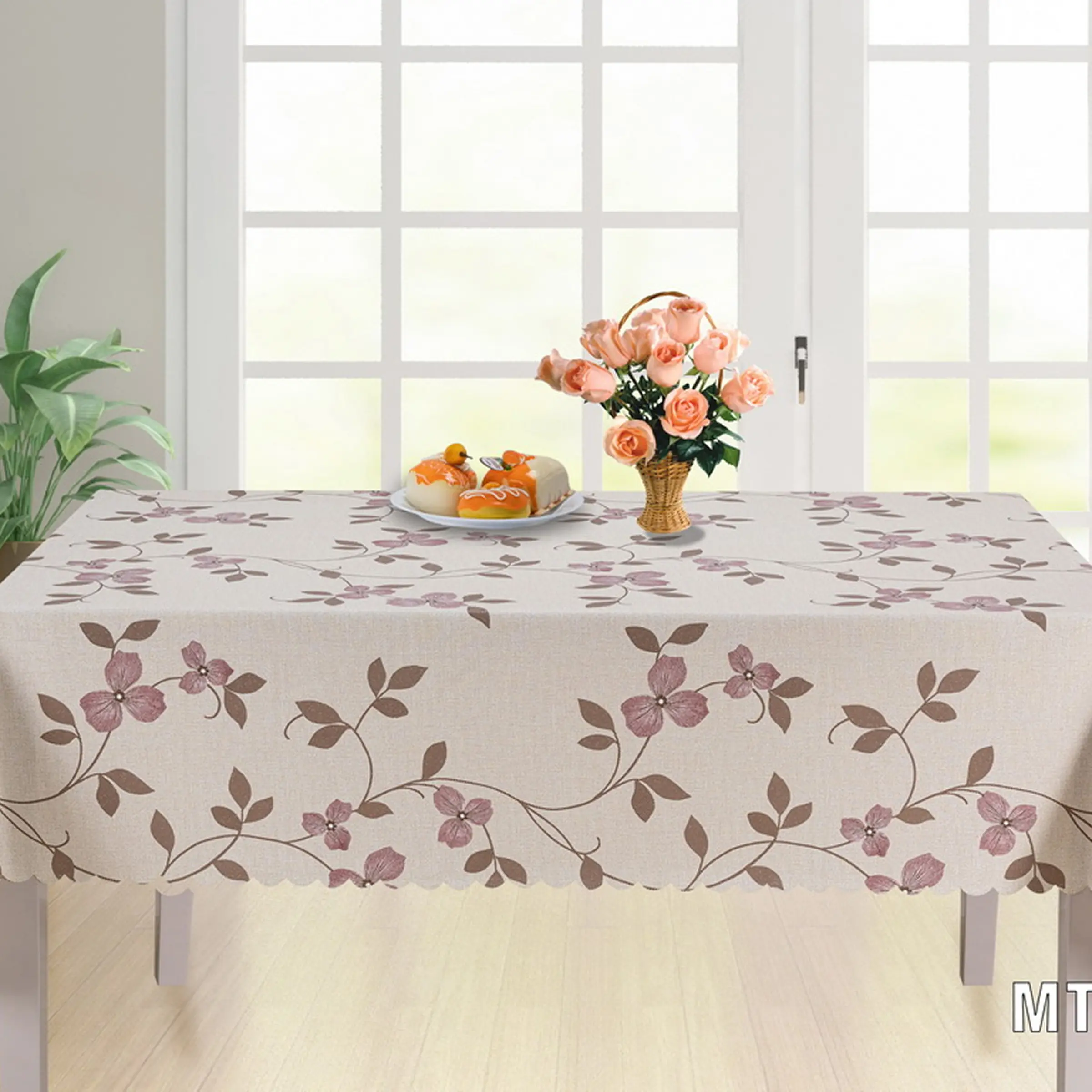 Cerata Stołowa Glitter na Tkaninie Poliestrowej – Delikatne Liście – Beżowo-Różowa