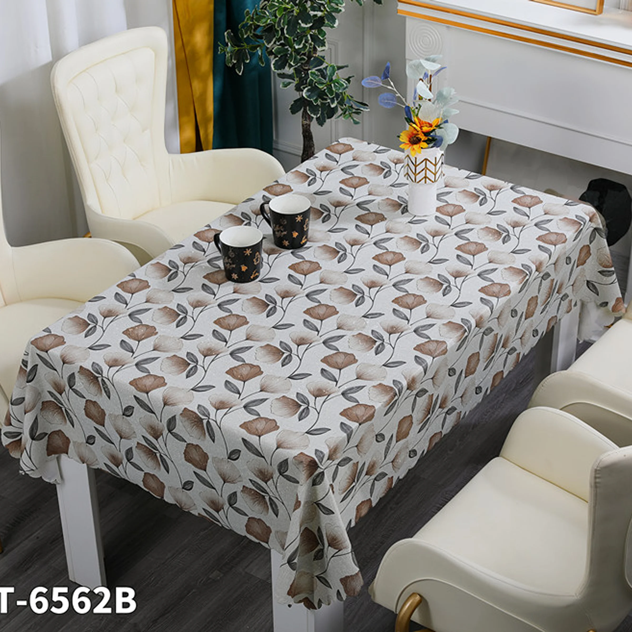 Cerata Stołowa Glitter na Tkaninie Poliestrowej – Motyw Filiżanek i Kawy – Beżowo-Brązowa