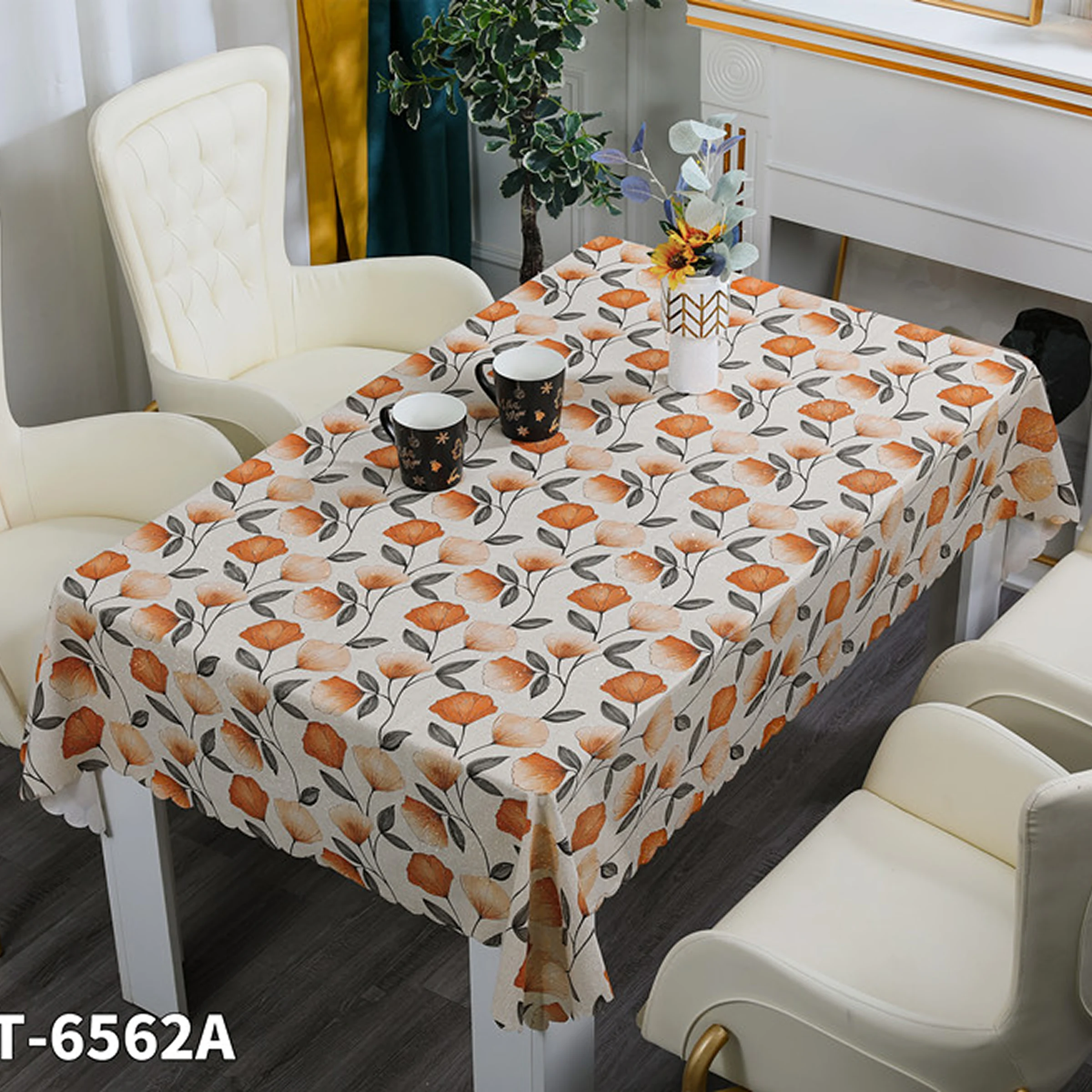 Cerata Stołowa Glitter na Tkaninie Poliestrowej – Motyw Filiżanek i Kawy – Beżowo-Pomarańczowa