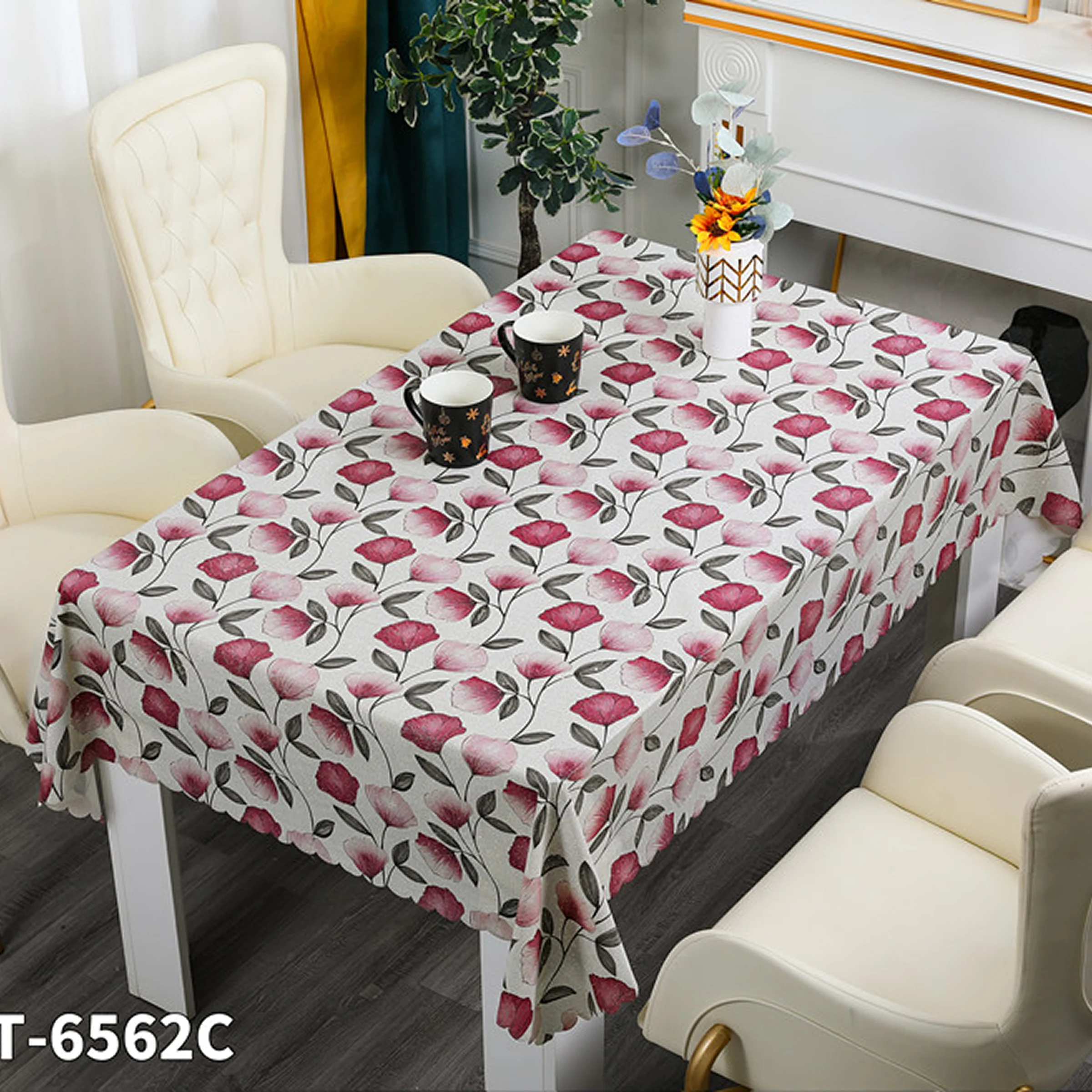 Cerata Stołowa Glitter na Tkaninie Poliestrowej – Motyw Filiżanek i Kawy – Biało-Czerwona