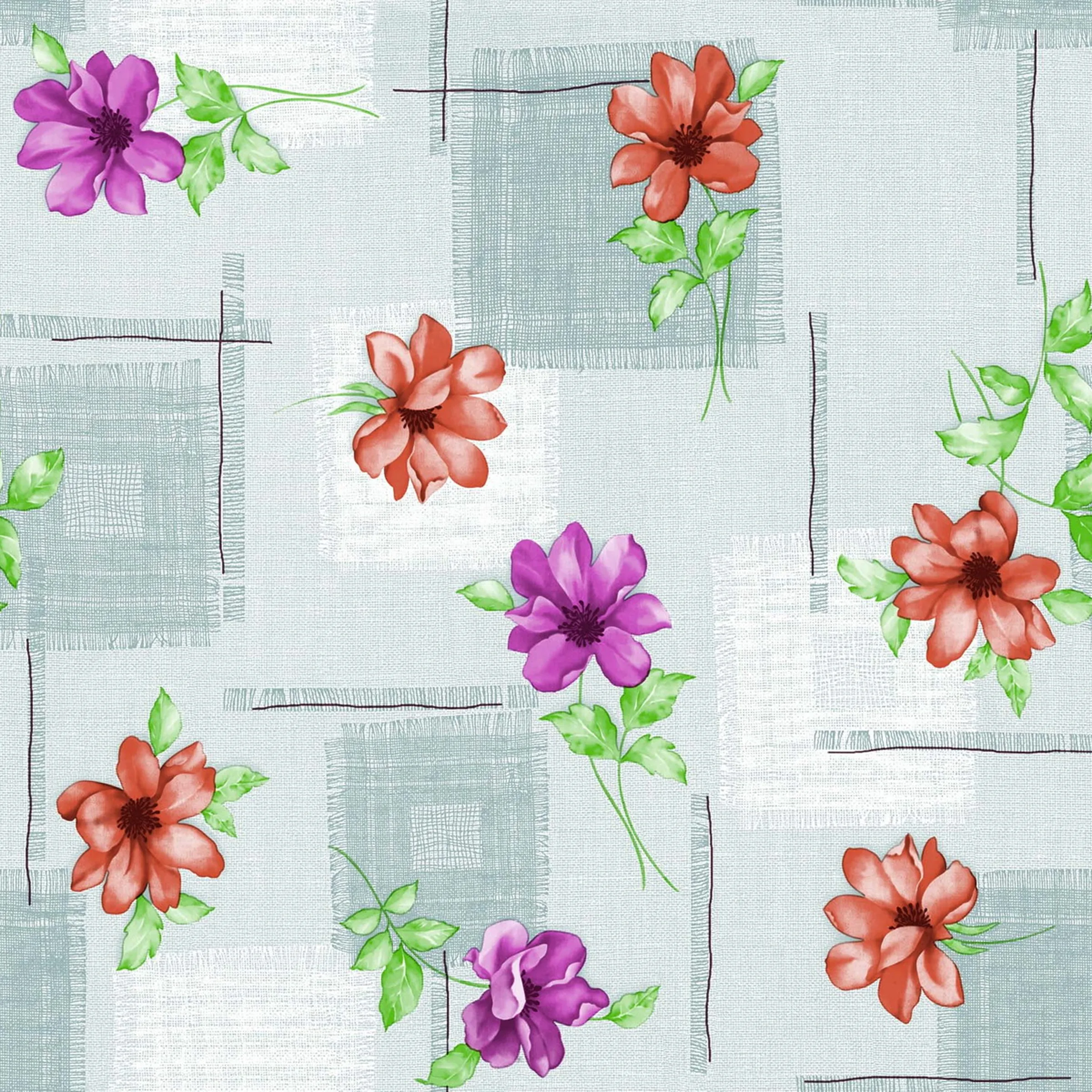 Cerata Stołowa PVC na Włókninie – Kolorowe Kwiaty – Szaro-Zielona